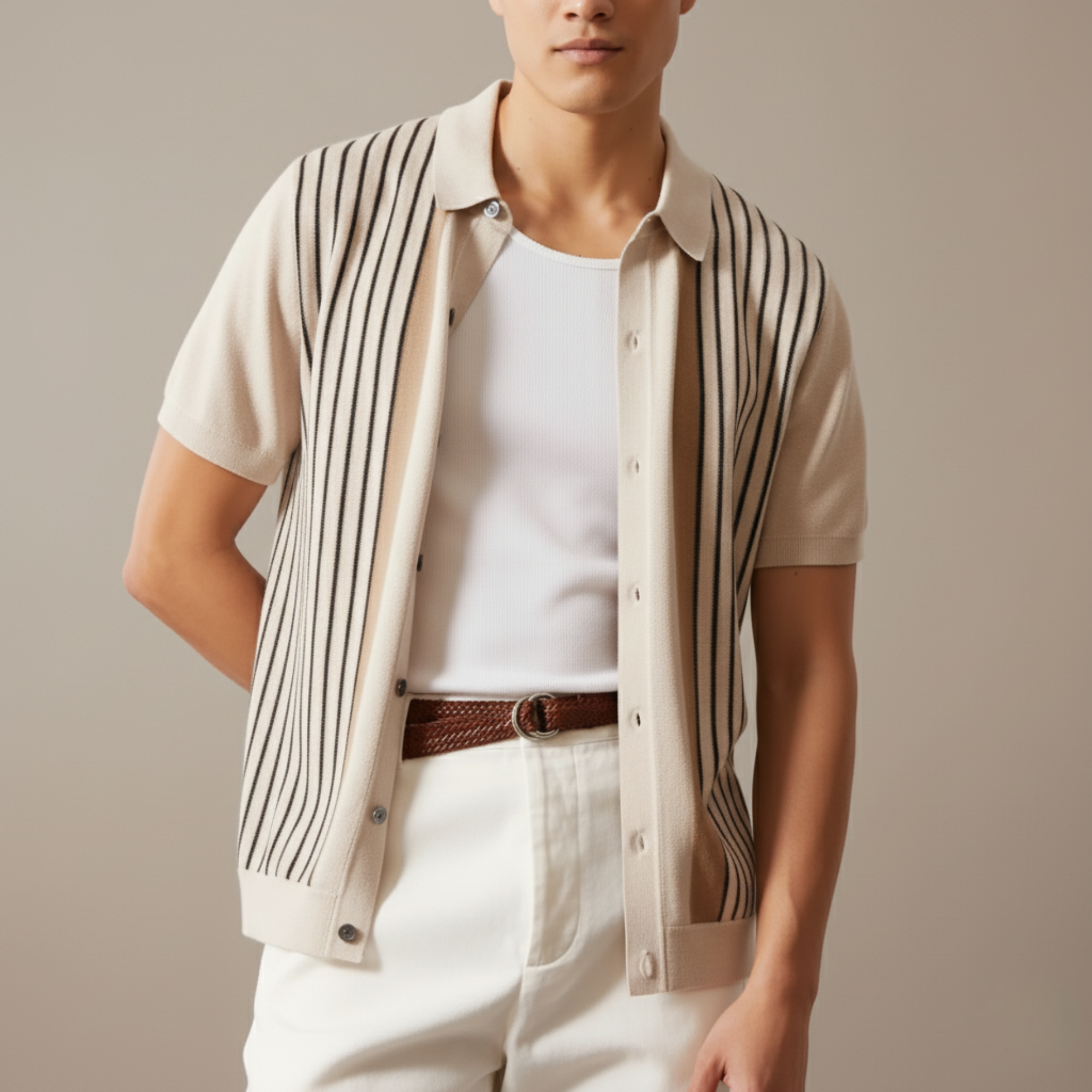 Men’s Ice Silk Short Sleeve Striped Shirt – Breathable Slim Fit Casual Top in Apricot