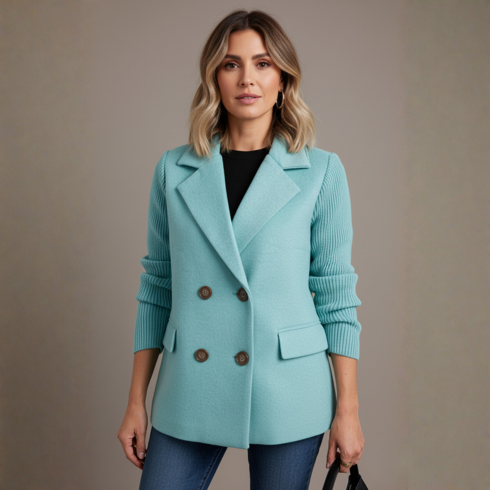 Elegant Wool Stitching Coat for Women Double Button Blazer Jacket