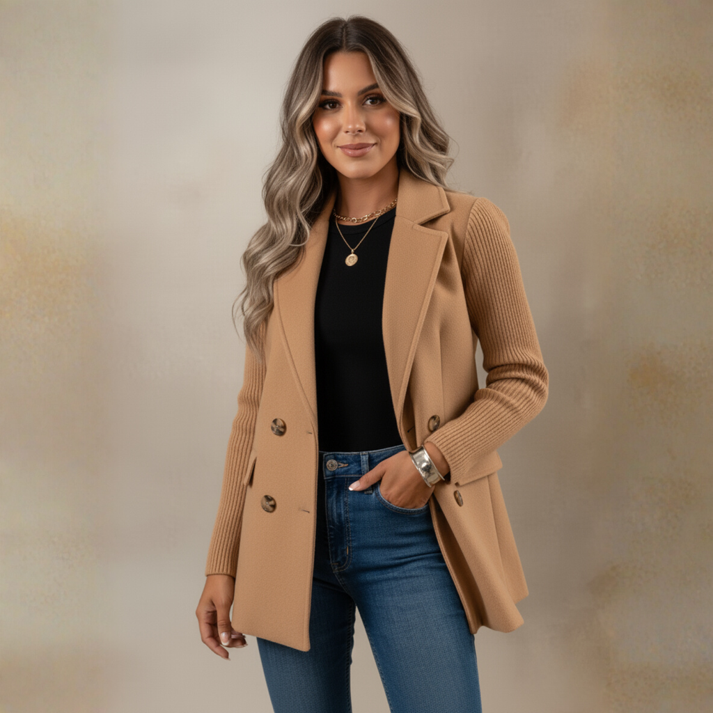 Elegant Wool Stitching Coat for Women Double Button Blazer Jacket