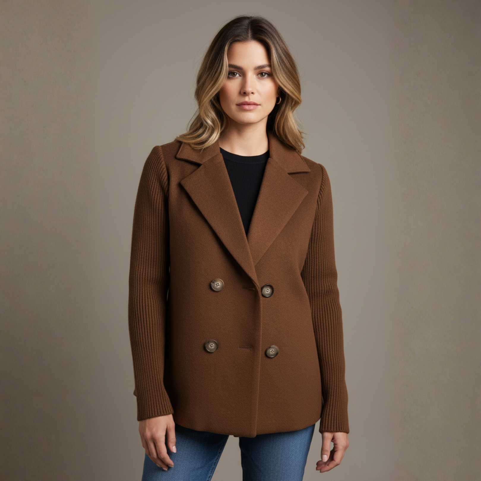 Elegant Wool Stitching Coat for Women Double Button Blazer Jacket