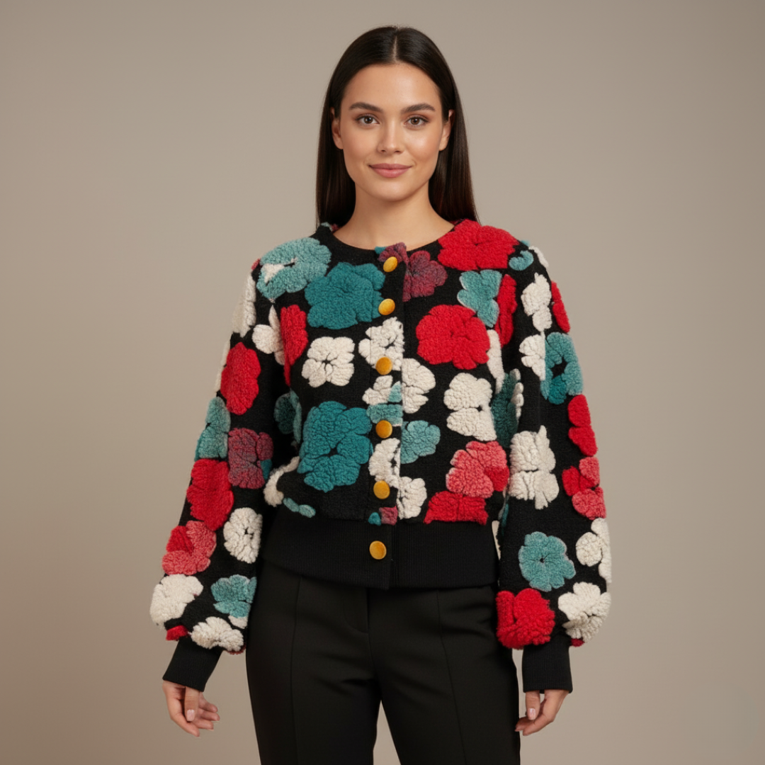 Vintage French Floral Sherpa Cardigan for Women – Cozy Bubble Sleeve Crewneck Sweater