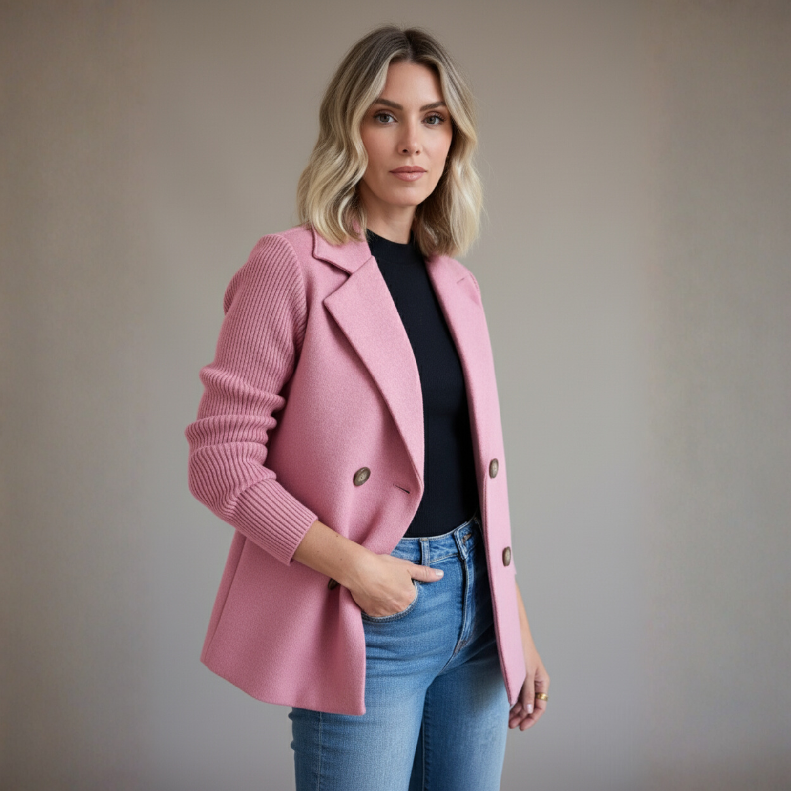 Elegant Wool Stitching Coat for Women Double Button Blazer Jacket