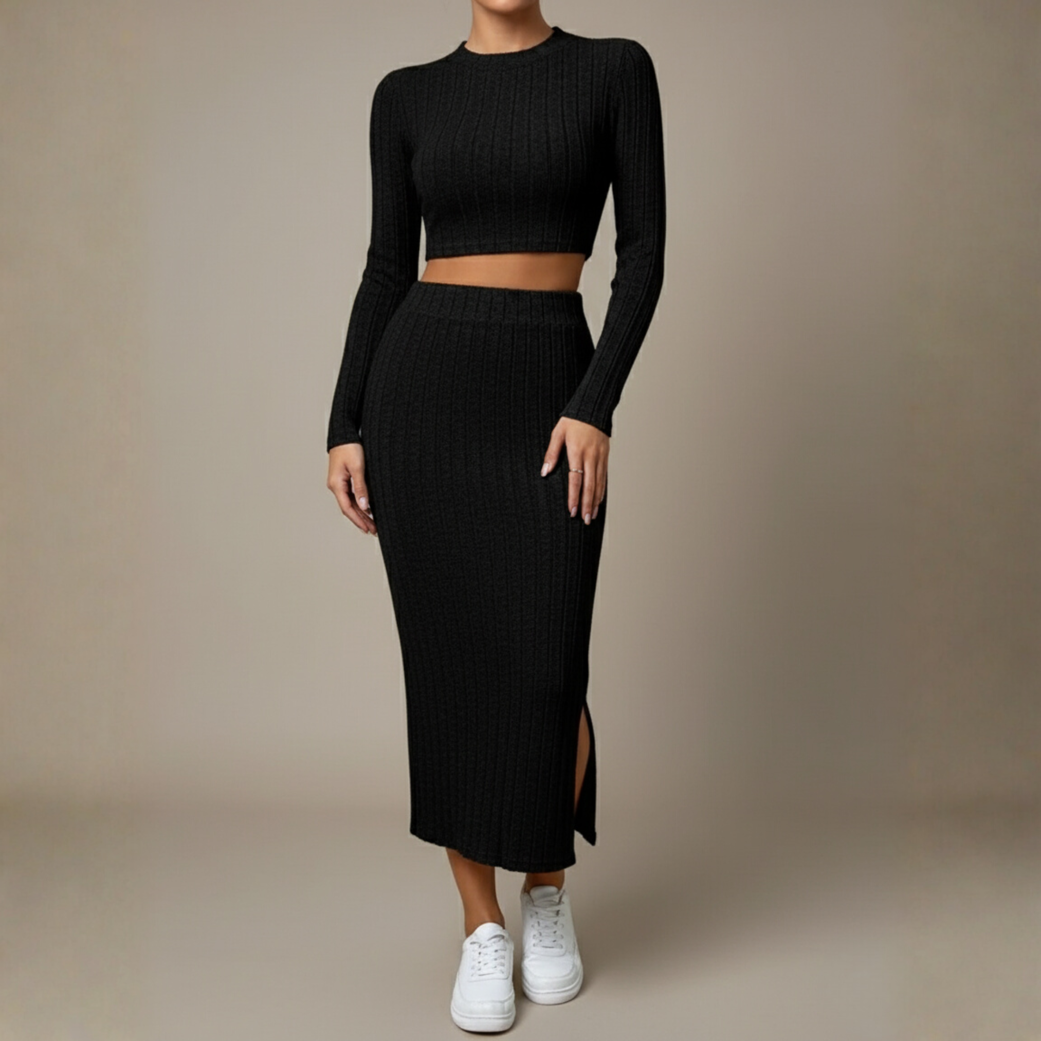 Trendy Round Neck Knitted Suit with Long Sleeves and Slit Skirt