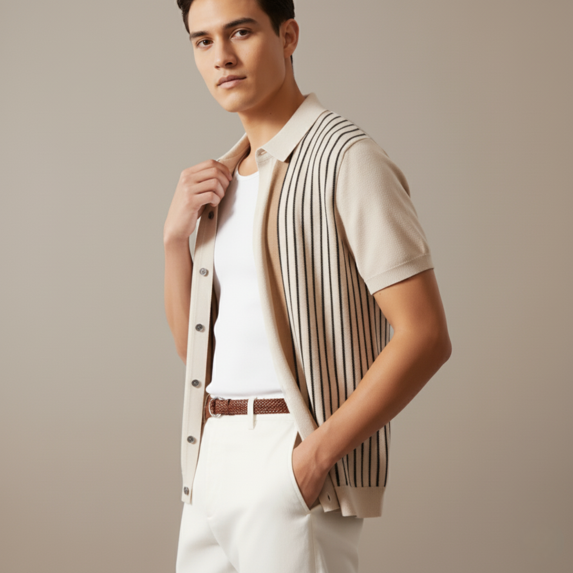 Men’s Ice Silk Short Sleeve Striped Shirt – Breathable Slim Fit Casual Top in Apricot