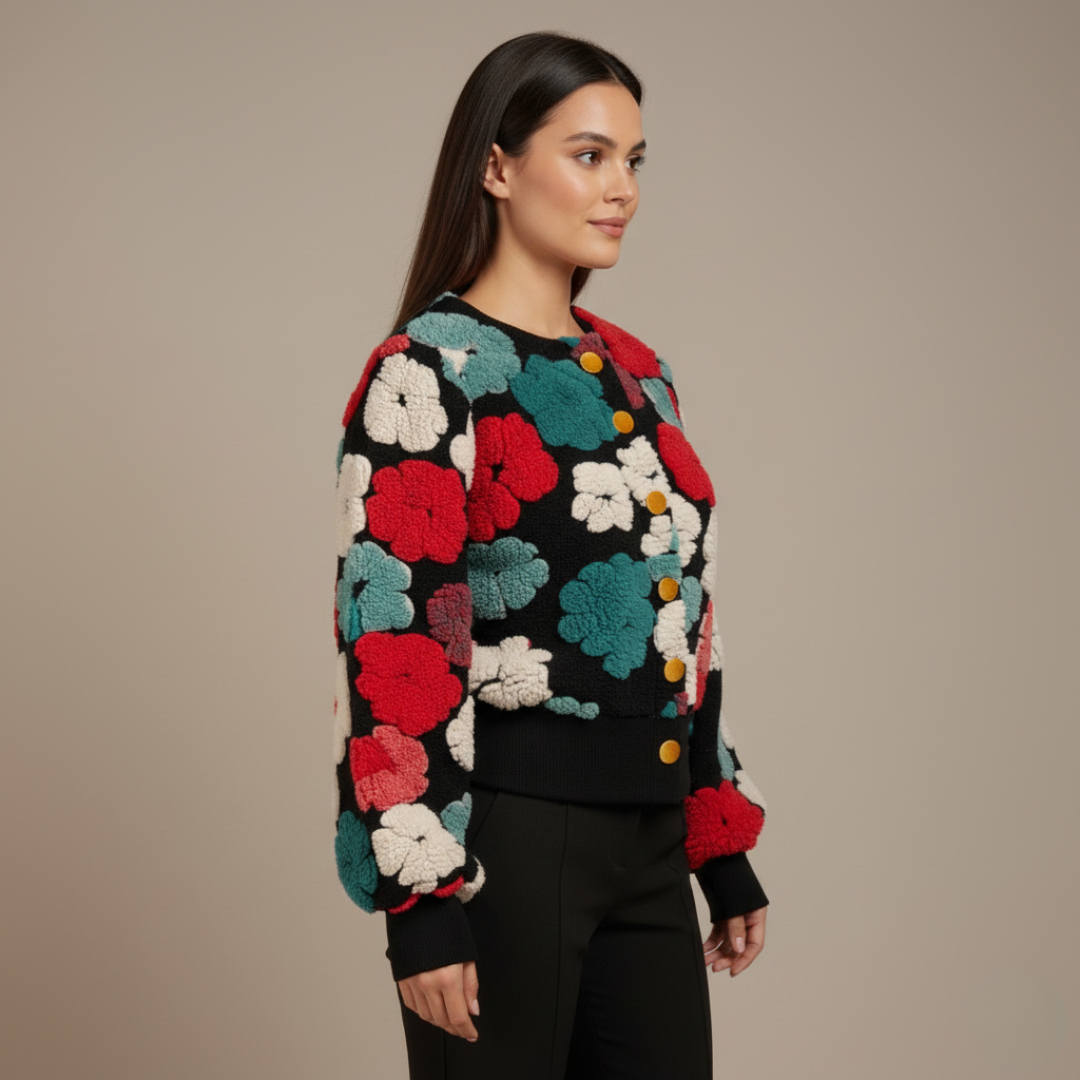 Vintage French Floral Sherpa Cardigan for Women – Cozy Bubble Sleeve Crewneck Sweater
