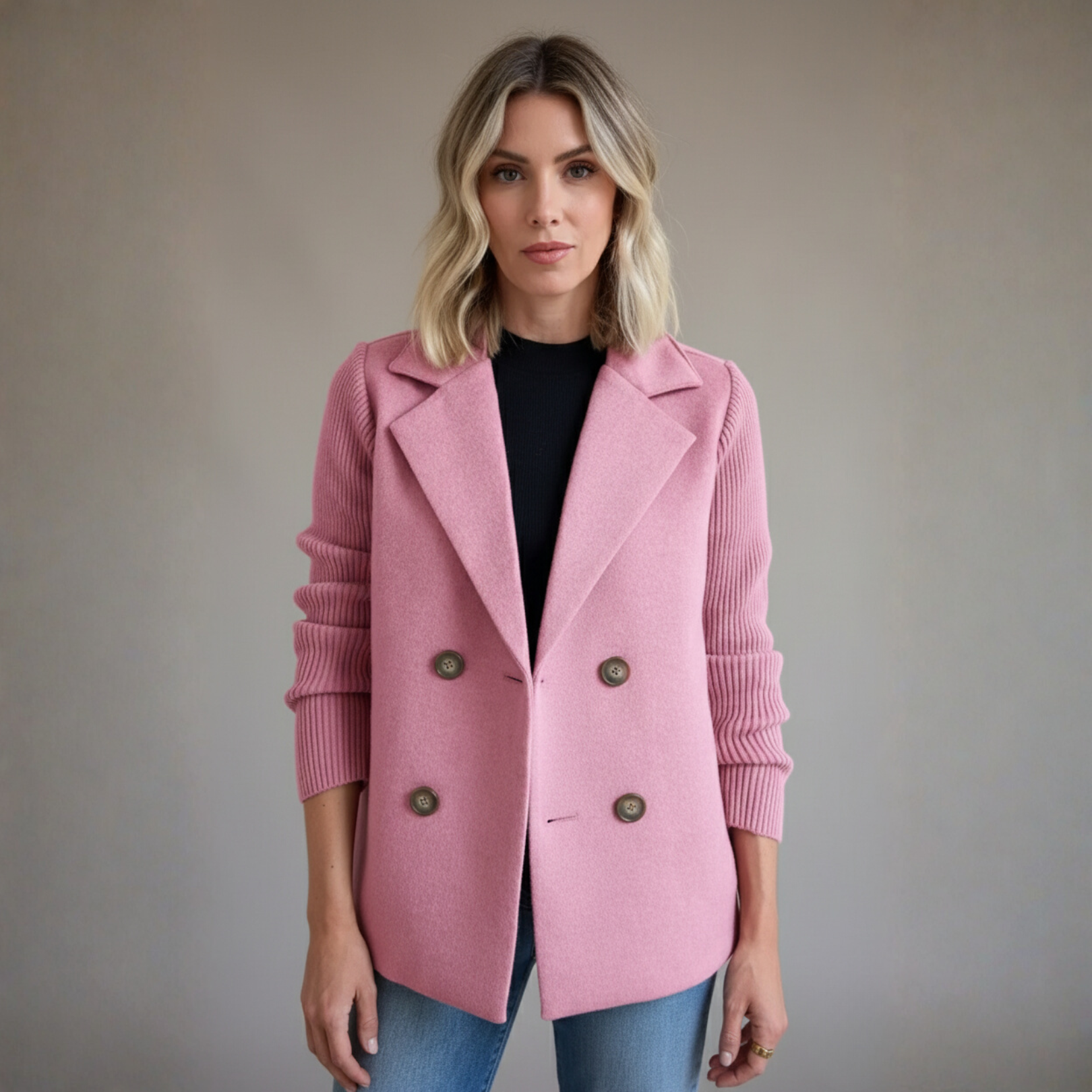 Elegant Wool Stitching Coat for Women Double Button Blazer Jacket