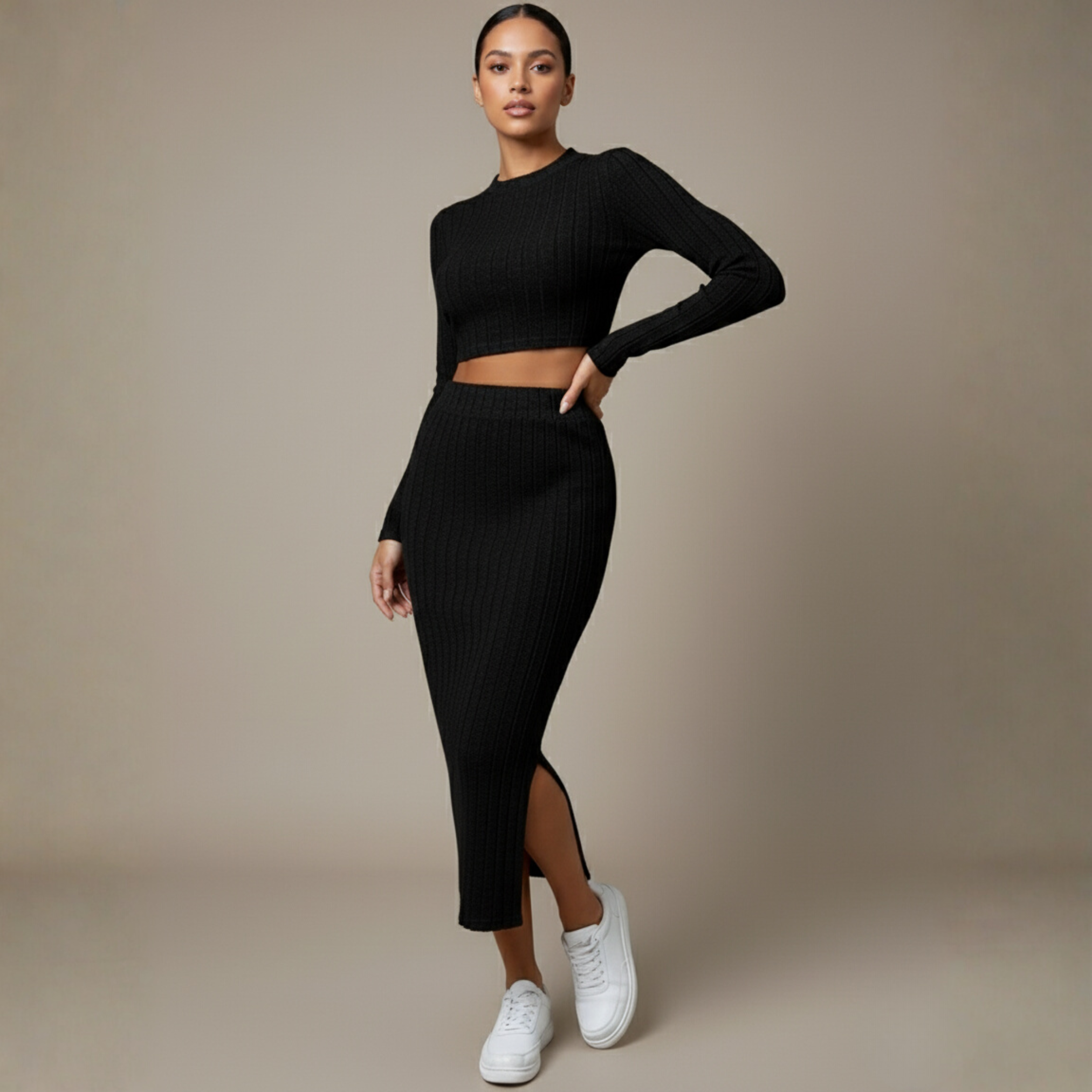 Trendy Round Neck Knitted Suit with Long Sleeves and Slit Skirt