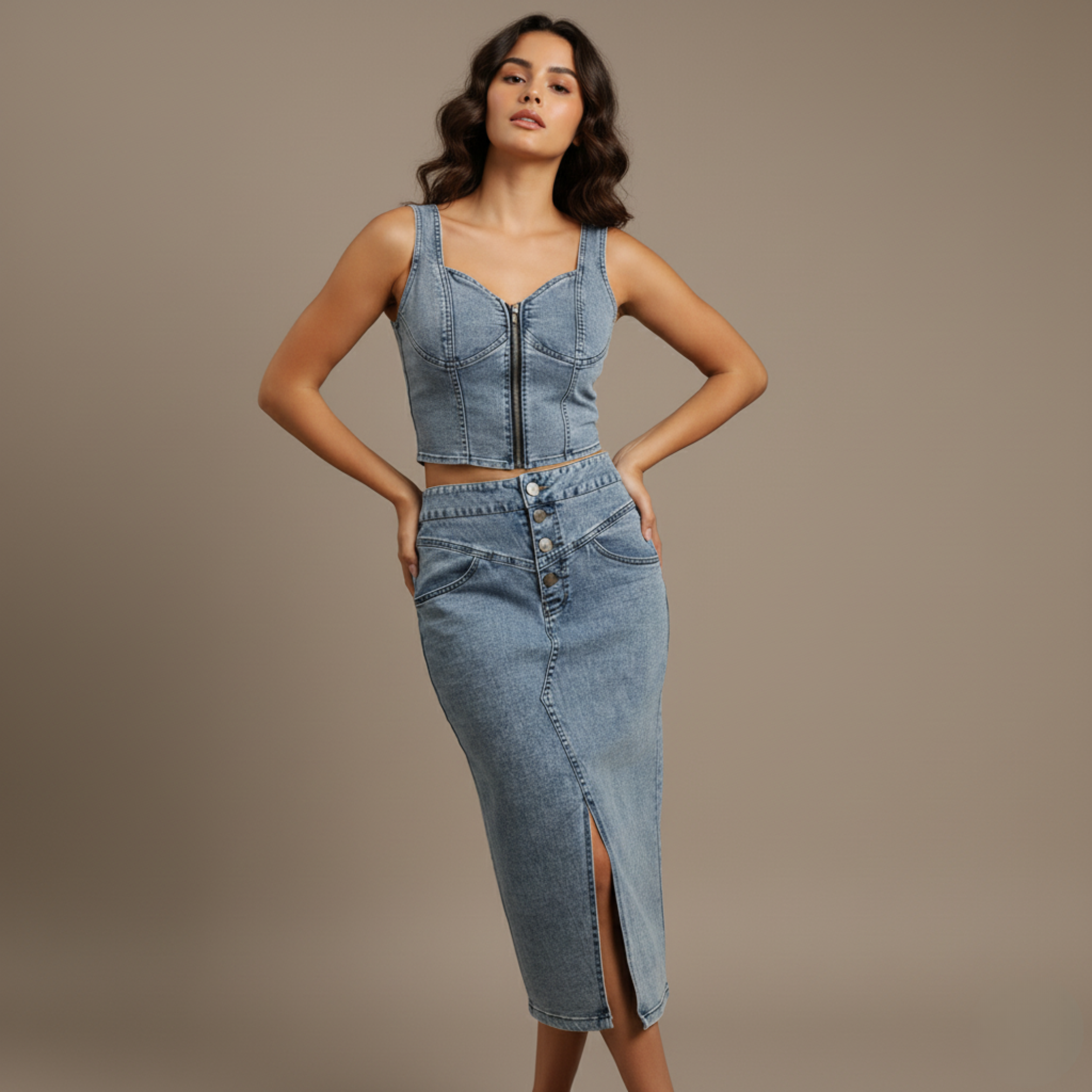 Blue Denim Zip-Up Crop Top and High-Waist Midi Skirt Set
