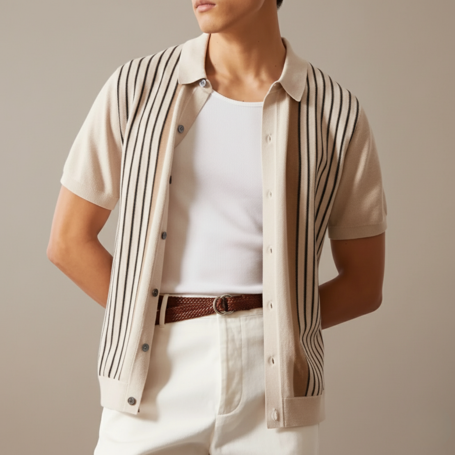 Men’s Ice Silk Short Sleeve Striped Shirt – Breathable Slim Fit Casual Top in Apricot