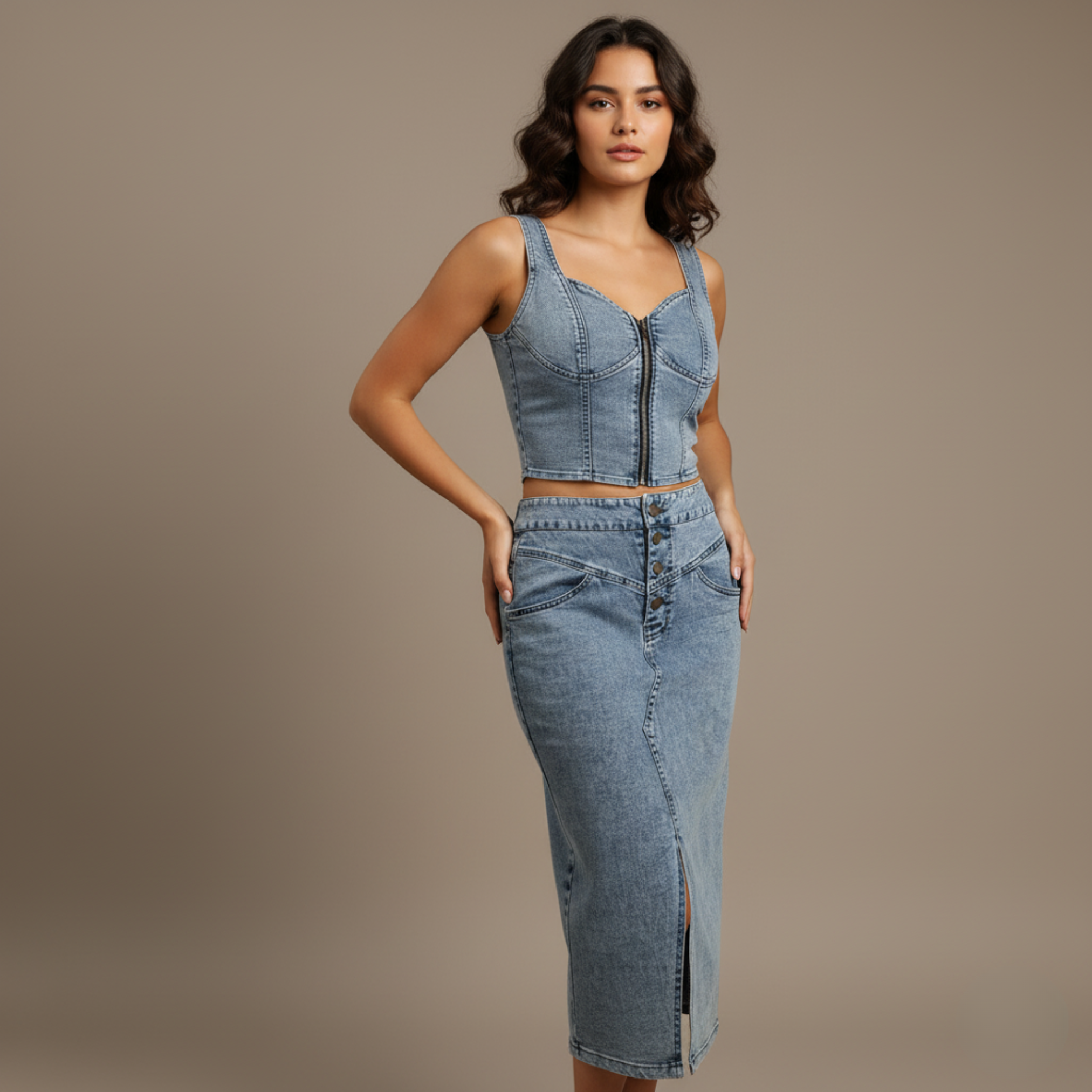 Blue Denim Zip-Up Crop Top and High-Waist Midi Skirt Set