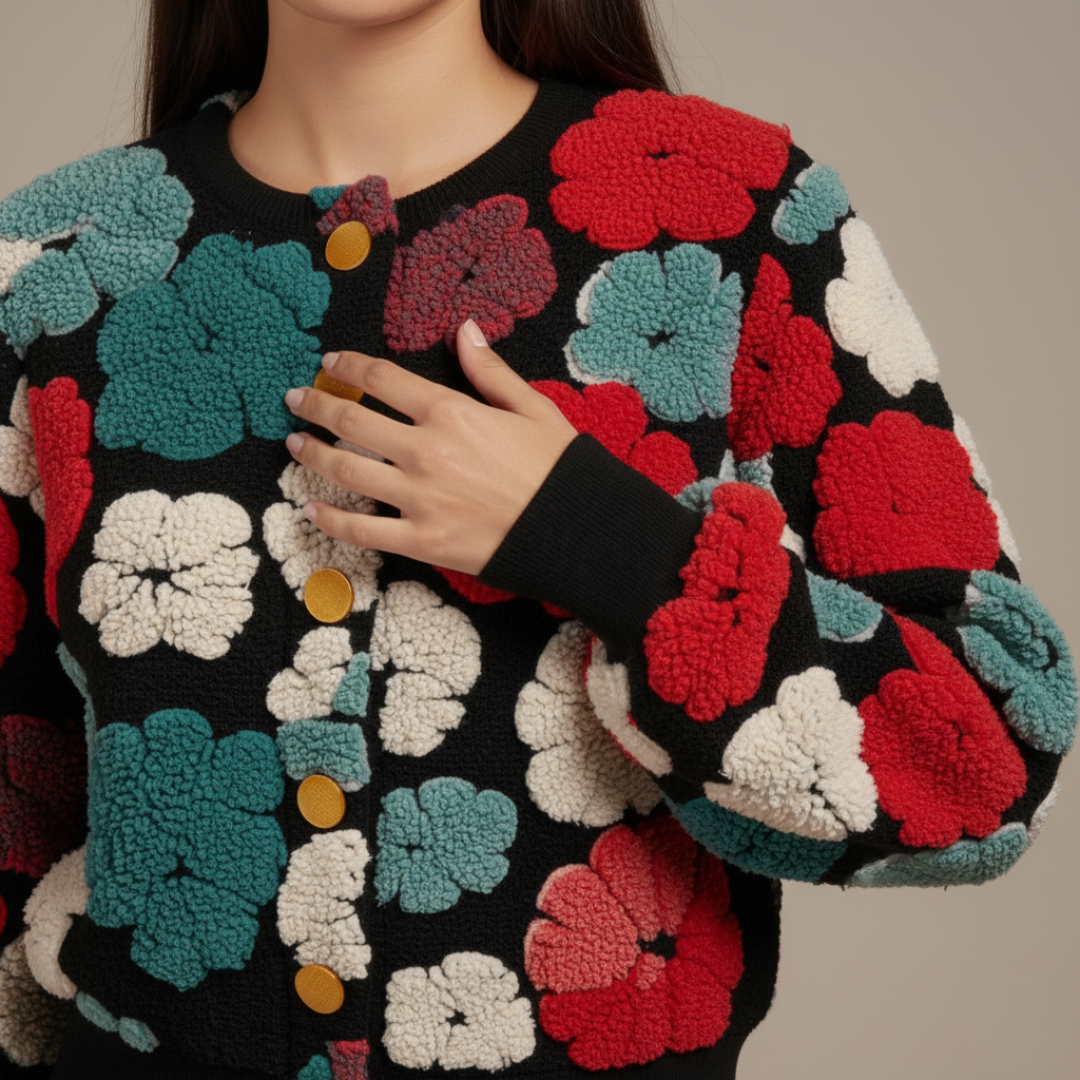 Vintage French Floral Sherpa Cardigan for Women – Cozy Bubble Sleeve Crewneck Sweater