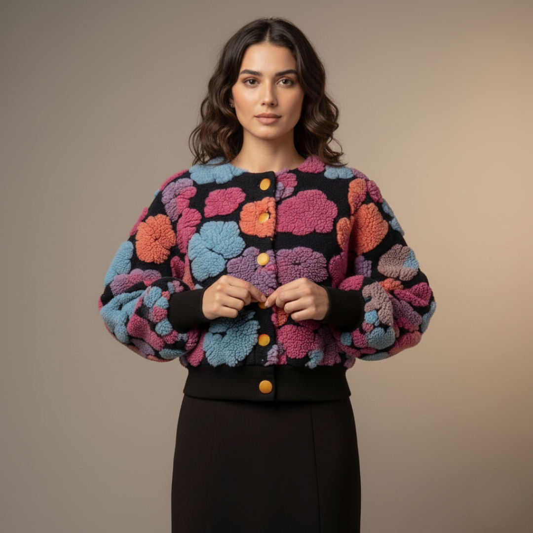 Vintage French Floral Sherpa Cardigan for Women – Cozy Bubble Sleeve Crewneck Sweater