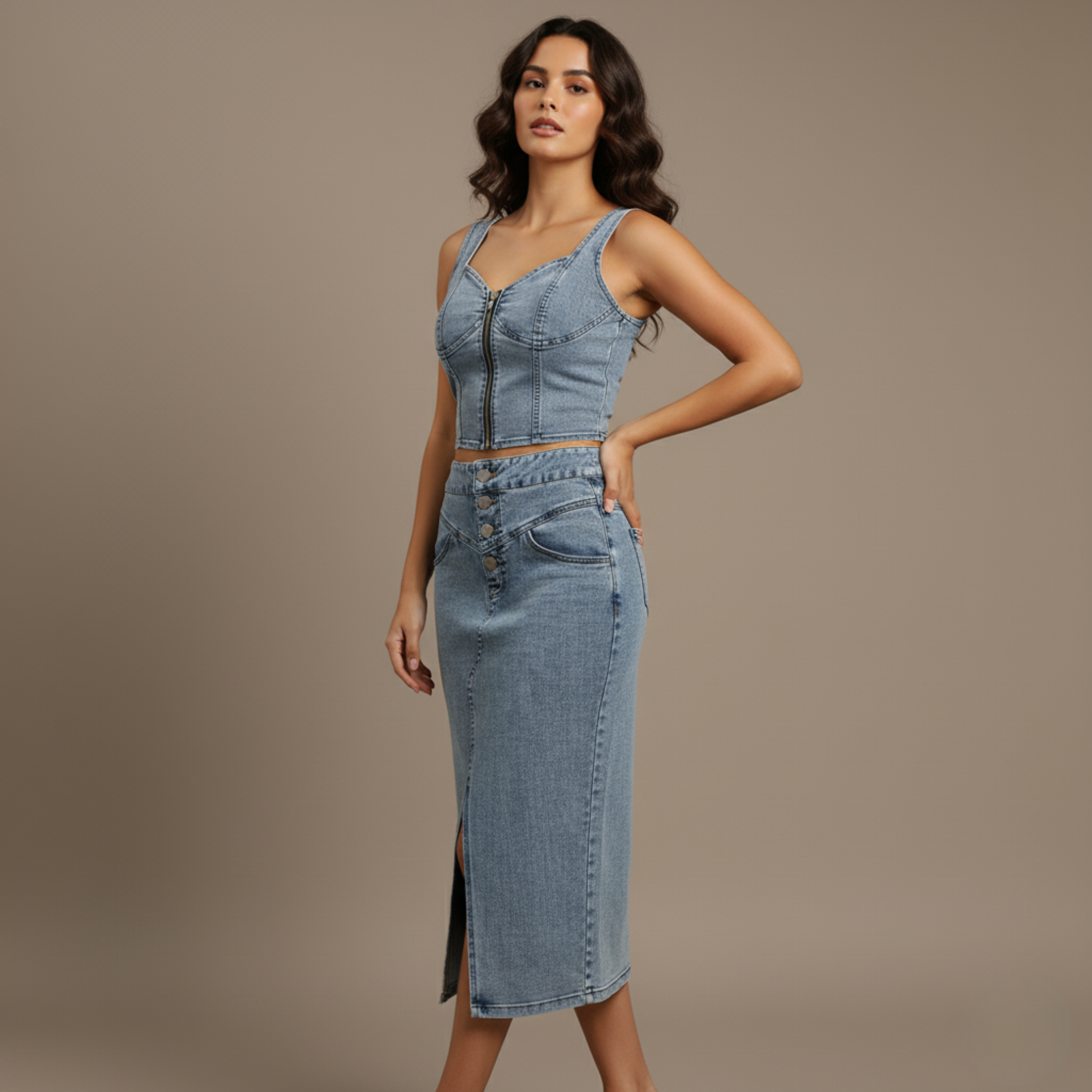Blue Denim Zip-Up Crop Top and High-Waist Midi Skirt Set