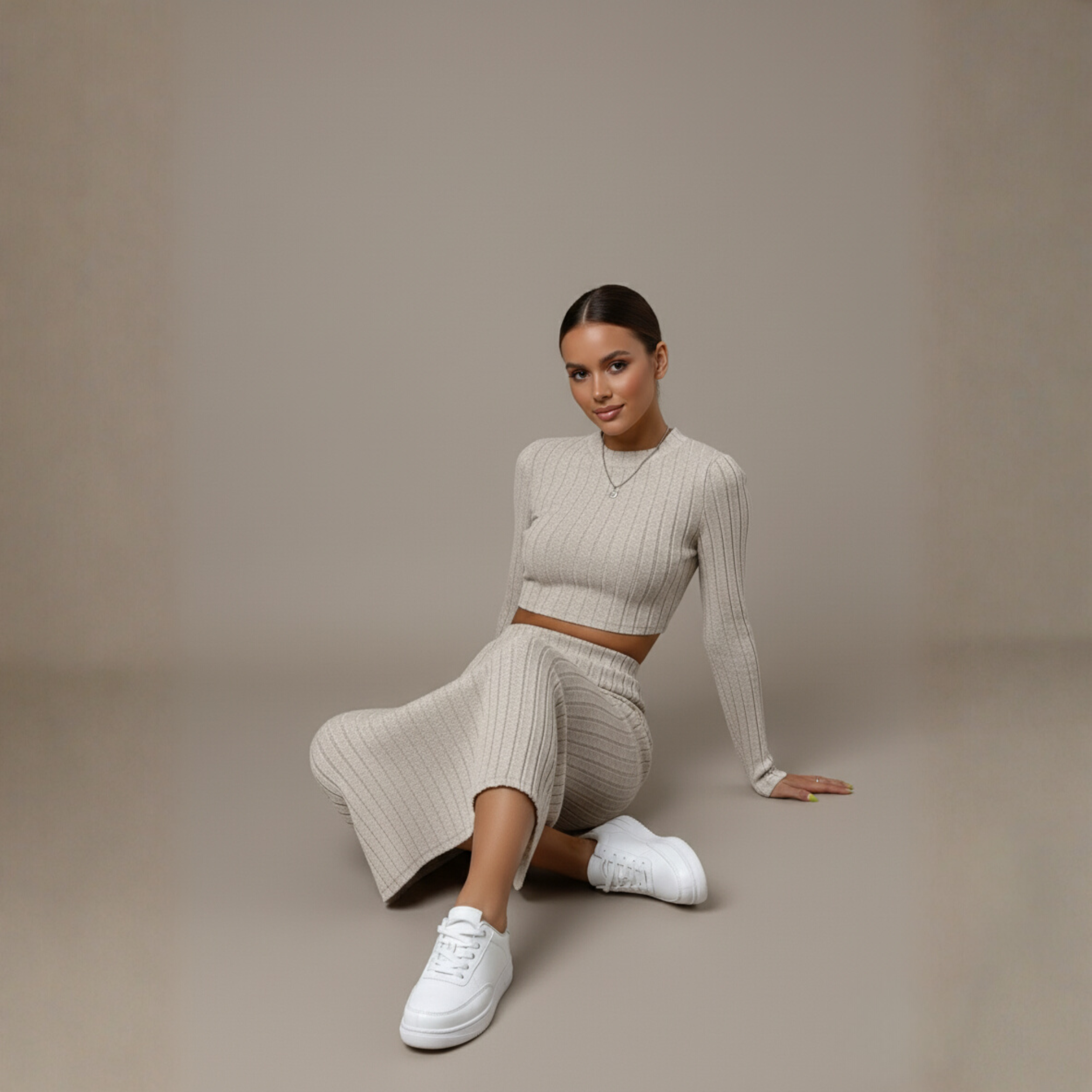 Trendy Round Neck Knitted Suit with Long Sleeves and Slit Skirt