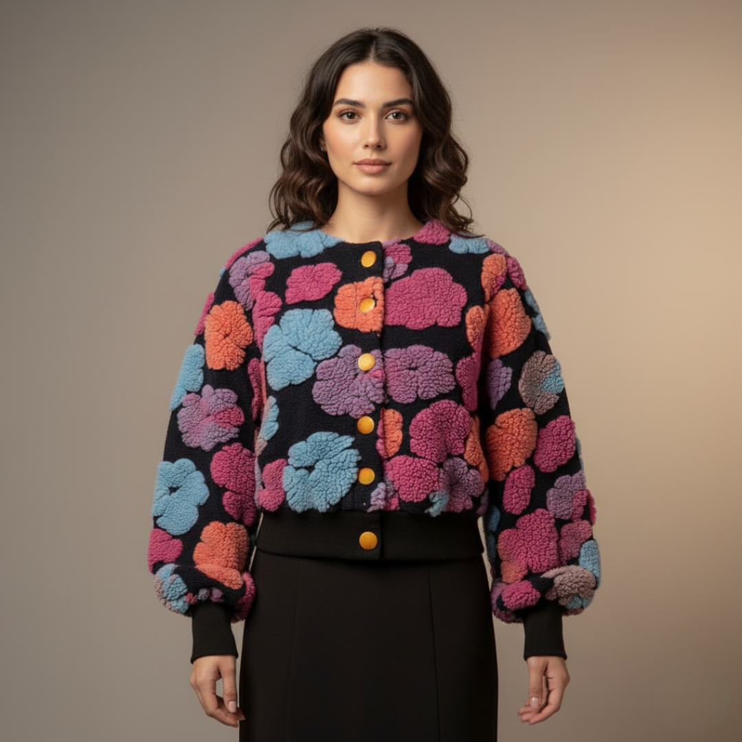 Vintage French Floral Sherpa Cardigan for Women – Cozy Bubble Sleeve Crewneck Sweater