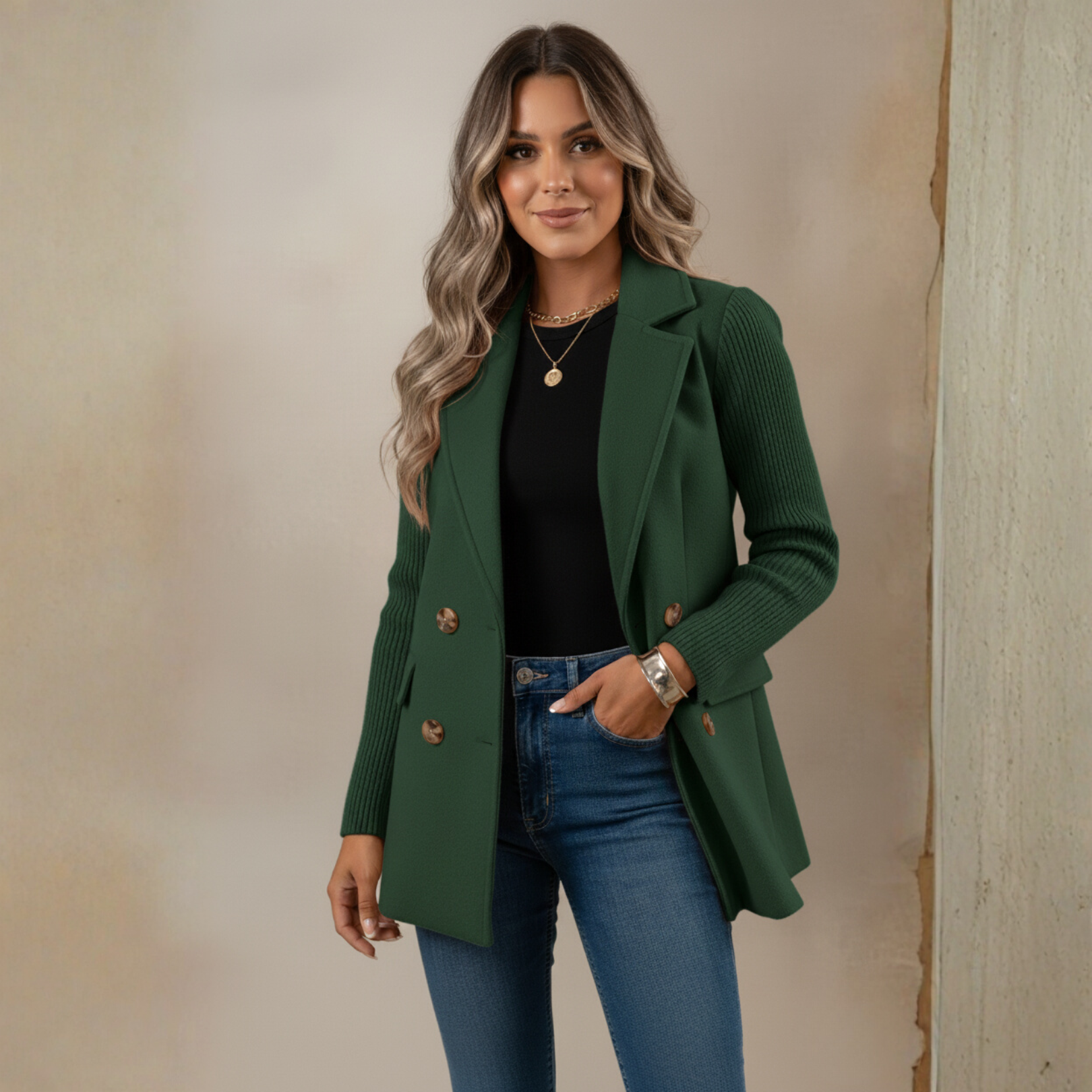 Elegant Wool Stitching Coat for Women Double Button Blazer Jacket