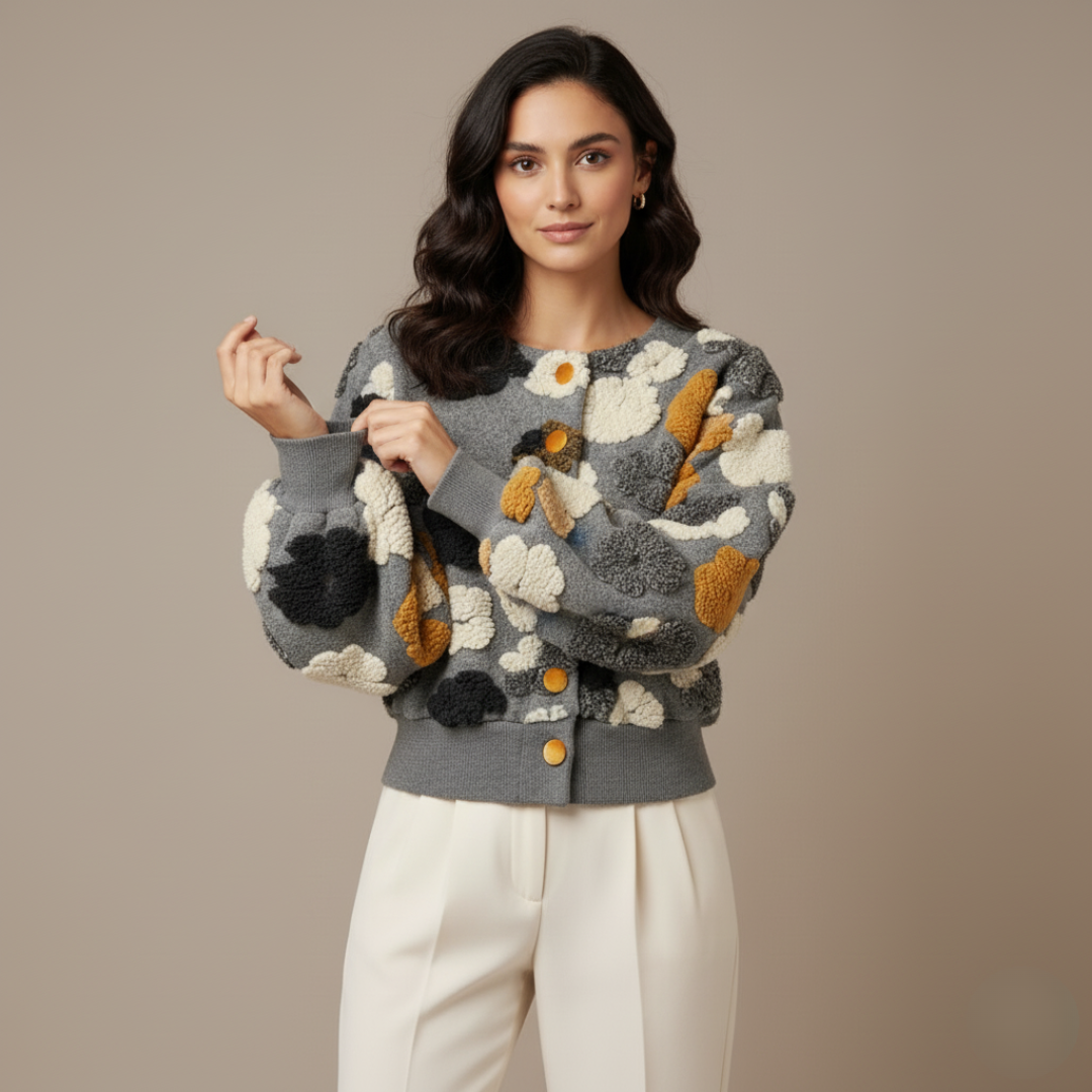 Vintage French Floral Sherpa Cardigan for Women – Cozy Bubble Sleeve Crewneck Sweater