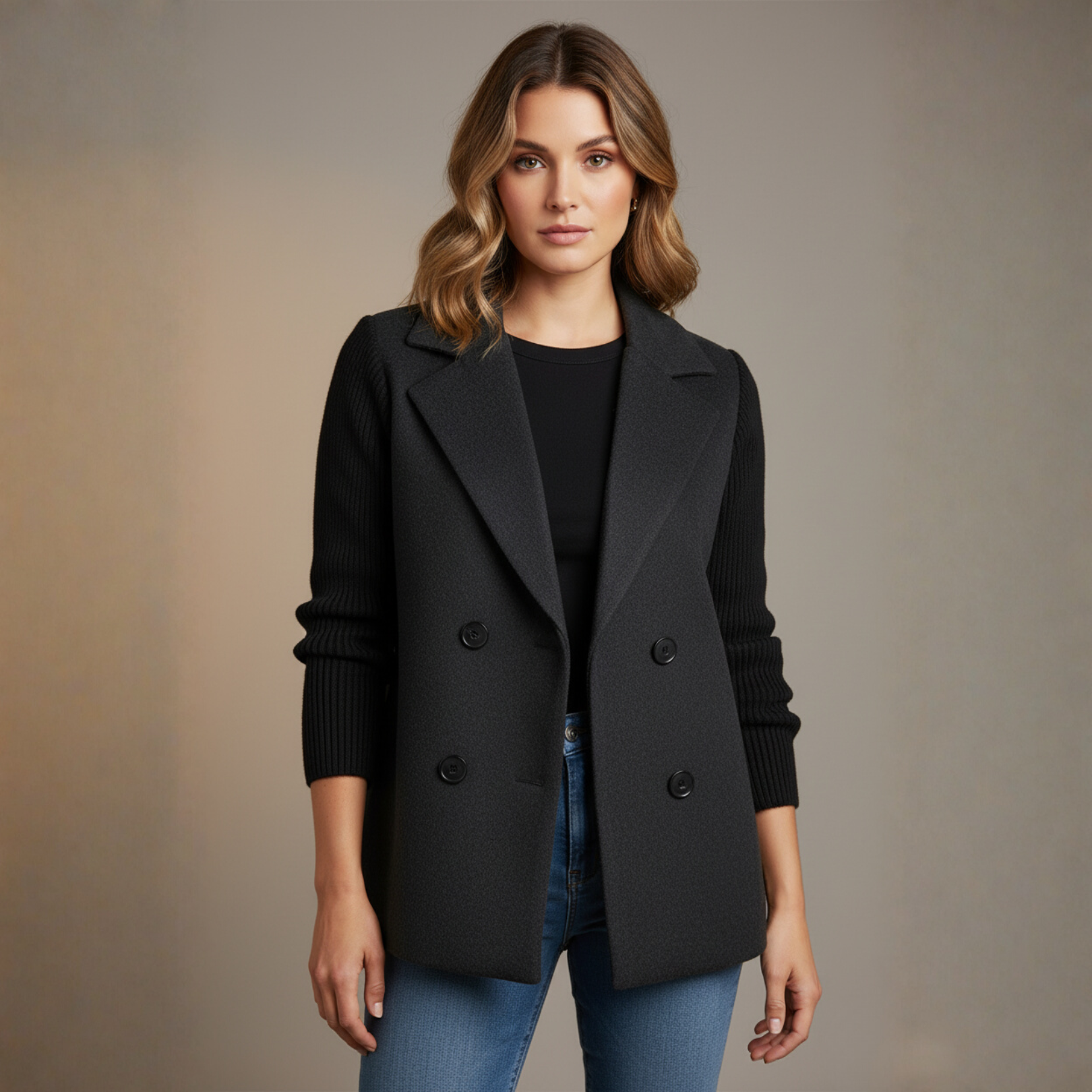 Elegant Wool Stitching Coat for Women Double Button Blazer Jacket